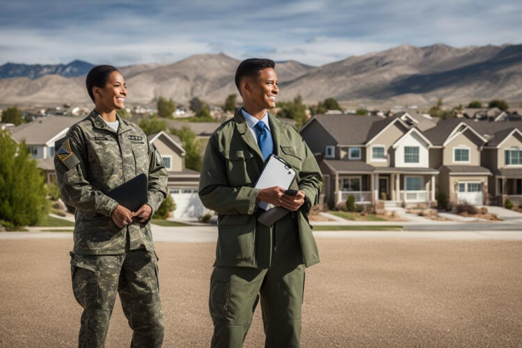 Two licensed real estate agents standing in front of a row of homes with the Utah National Guard Camp Williams visible in the background
