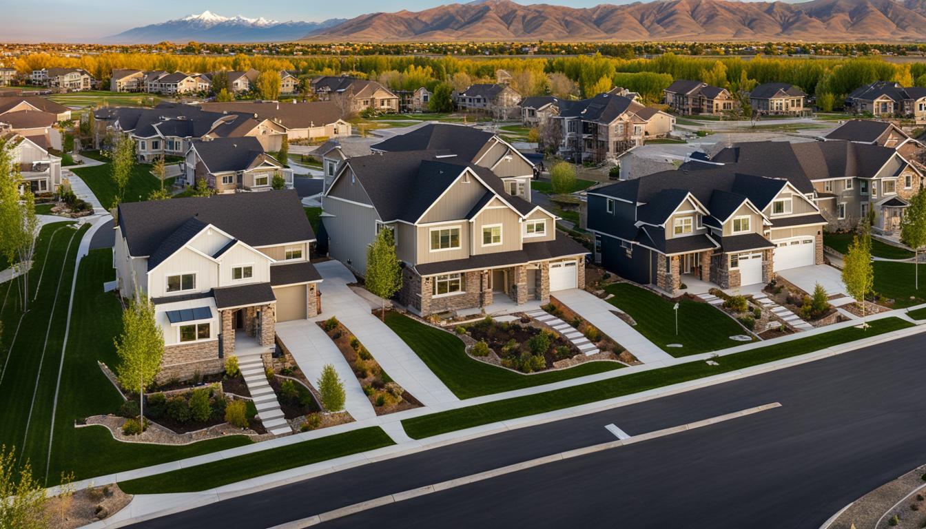 Aerial view of a growing community of modern and sleek homes with spacious yards and stunning mountain views, located in the idyllic town of Kaysville Utah