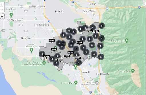 A map of the properties for sale in Layton Utah near Hill Air Force Base