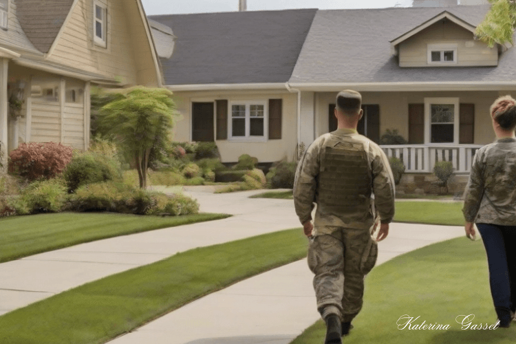 Military personnel walking towards a home in Ogden Utah where Hill Air Force Base is located. Image generated by Katerina Gasset and Tristan Gasset, Real Estate Team in Utah brokered by eXp Realty